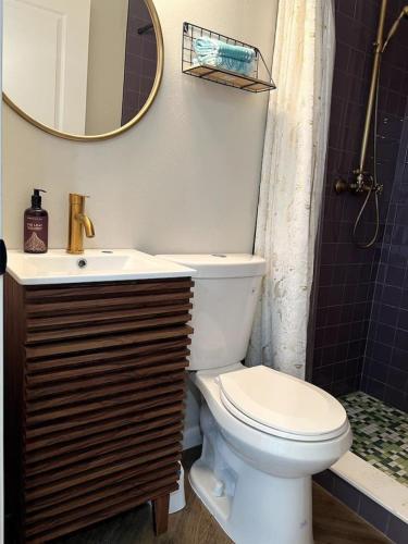 a bathroom with a toilet and a sink and a mirror at Downtown Groovy Studio in Orlando