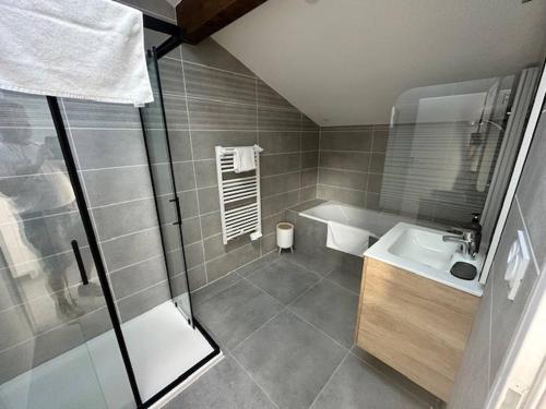 une salle de bain avec douche et lavabo dans l'établissement House 70 with 8 bedrooms lechaffardcom, à Satolas-et-Bonce