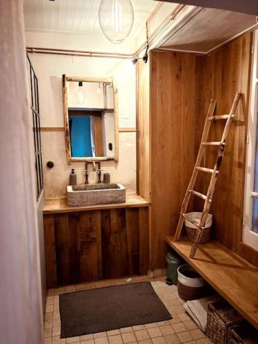 La salle de bains est pourvue d'un lavabo, d'un miroir et d'une échelle. dans l'établissement La Tour du Marché, à Allanche