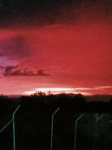a painting of a red sky with a fence at Cabañas la Miranda in Filandia