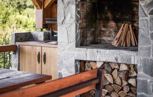 a kitchen with a stone wall with a stove at Stunning Home In Kostanjevac in Kostanjevac
