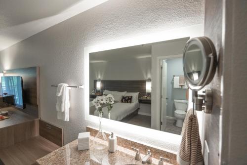 a bathroom with a sink and a large mirror at Lewis River Inn in Woodland