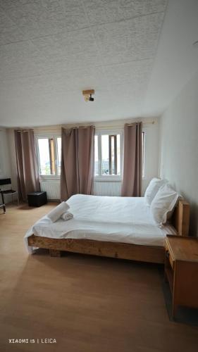 Cette chambre comprend un grand lit et des fenêtres. dans l'établissement Mountain studio HN, à Nendaz