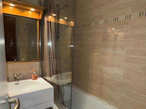 une salle de bain avec une douche, un lavabo et une baignoire dans l'établissement Studio fonctionnel accès pistes, balcon, animaux admis - FR-1-181-2273, à La Plagne Tarentaise