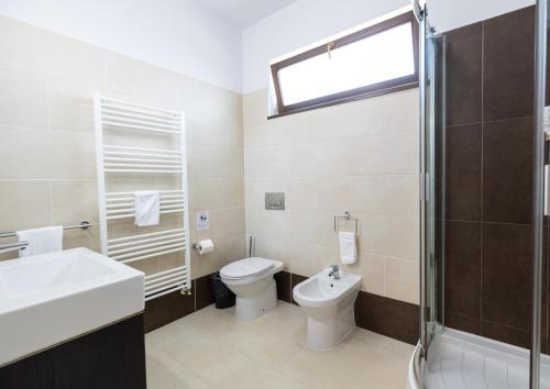 a bathroom with a toilet and a sink and a shower at Armonia by Aristocratis in Tîrgu Neamţ