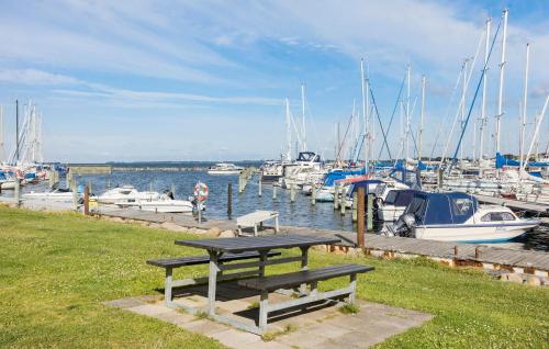 a picnic table sitting next to a marina with boats at Lovely Apartment In Rudkøbing in Rudkøbing