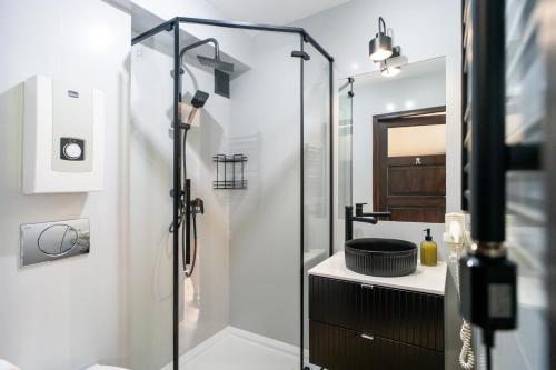 a bathroom with a glass shower and a sink at Apartament przy Dolinie A8 by Apart Concept Podhale in Kościelisko