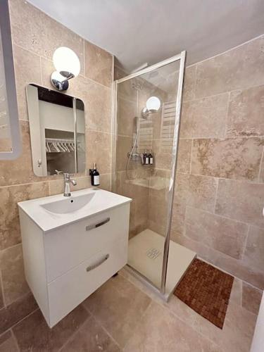 une salle de bain avec un lavabo et une douche dans l'établissement Maisonnette rénovée entre mer et montagne avec 4 couchages au cœur du village médiéval de Tourrettes sur loup proche st Paul de vence Grasse Gourdon Nice Cannes, à Tourrettes-sur-Loup