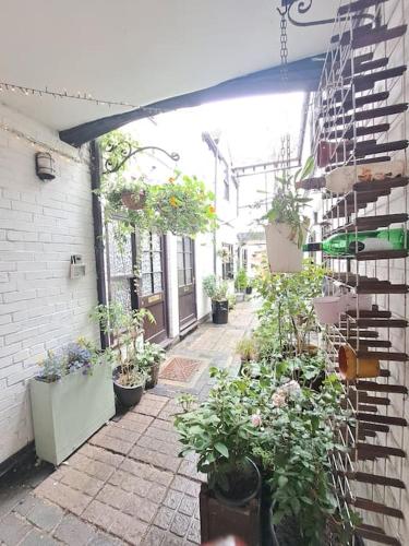 a courtyard with potted plants in a building at The Quaint Old Shop in Tewkesbury