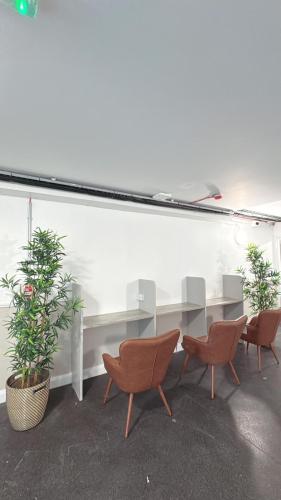 ダブリンにあるDublin Quayside Hostelの椅子3脚と植物テーブル付