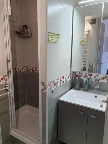 une salle de bain avec une douche, un lavabo et un miroir dans l'établissement SAVANNA BEACH I Joli T2 vue mer piscine Cap d'Agde, au Cap d'Agde