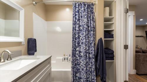 a bathroom with a sink and a shower curtain at Teton Crest Apartment in Driggs