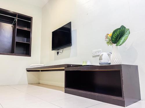 a room with a television and a vase with a plant at Ho Hotel in Melaka