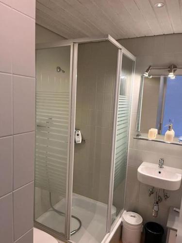 a bathroom with a glass shower and a sink at Alpe des chaux 61 03 in Gryon