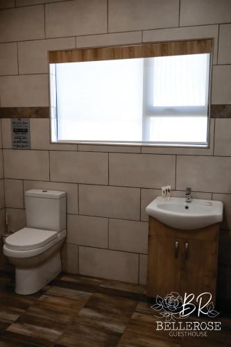 a bathroom with a toilet and a sink and a window at Bellerose Guesthouse in Klerksdorp