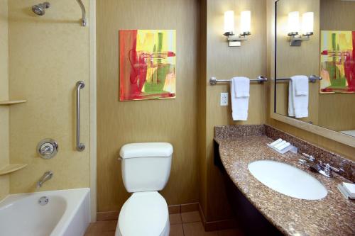 a bathroom with a toilet and a sink and a tub at Hilton Garden Inn Springfield, MO in Springfield