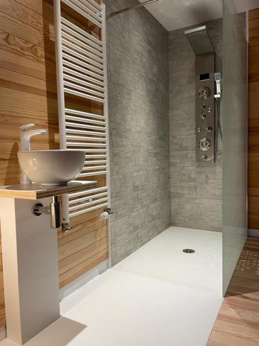 a bathroom with a sink and a shower at L'écolodge de Laeti in Lunéville