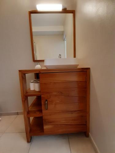 a bathroom with a sink and a mirror at Joli studio rez de jardin, piscine, jacuzzi in Sainte-Suzanne
