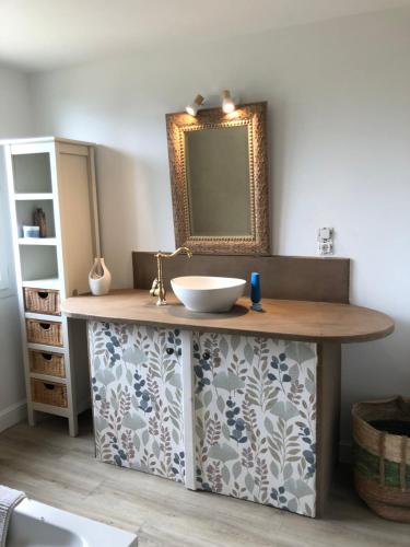 une salle de bain avec un lavabo et un miroir sur un comptoir dans l'établissement Maison calme, à Rousson