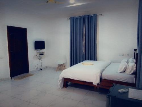 a bedroom with a bed and a television in it at Phil homes in Accra