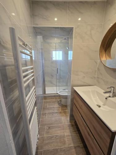une salle de bain avec une douche, un lavabo et des toilettes dans l'établissement Charmant Duplex F2 Disneyland Paris, à Torcy