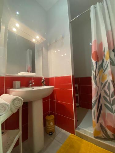 une salle de bain avec un lavabo et une douche dans l'établissement Tikazéla - Escale Tournon-Sur-Rhône, à Tournon-sur-Rhône