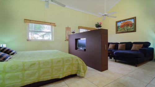 a bedroom with a bed and a tv and a couch at Ocean Dream in Cabarete