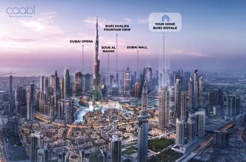 an aerial view of a large city with tall buildings at The Burj Khalifa Suite Luxury 2-bed in Burj Royale in Dubai