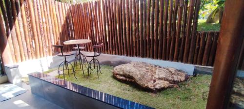 a fish tank with two stools and a rock at Quinta da Pedra do Elefante in Petrópolis