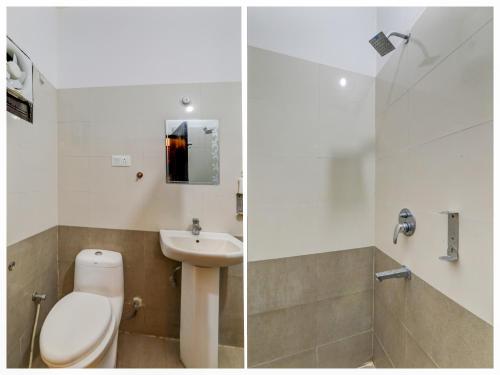 two images of a bathroom with a toilet and a sink at Super Collection O Kiara Guest House in Lucknow