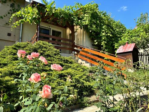 a garden with roses and a bench in front of a house at Apartmán Vendy in Karlovy Vary