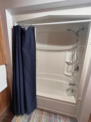 a bath tub with a blue shower curtain in a bathroom at Gite de la Baie Hatée in Bic