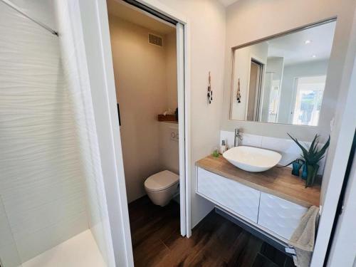 une salle de bain avec un lavabo, des toilettes et un miroir dans l'établissement Village naturiste - La villa nature -, au Cap d'Agde