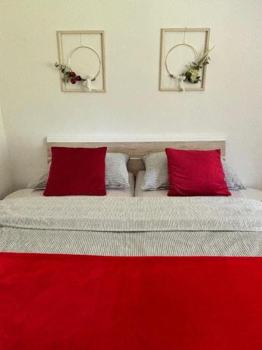 a bed with two red pillows in a bedroom at Apartmán Vendy in Karlovy Vary