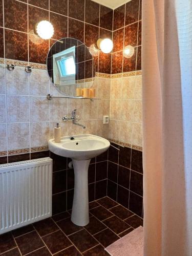 a bathroom with a sink and a mirror at Apartmán Vendy in Karlovy Vary