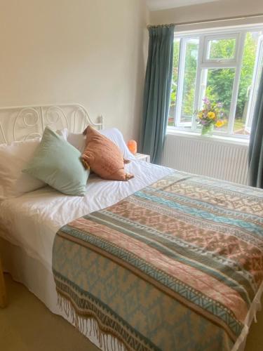 a bedroom with a bed with pillows and a window at Avalon cottage in Glastonbury