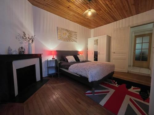 une chambre avec un lit et une cheminée dans l'établissement Aux portes de Paris, à Clichy