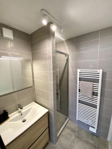 une salle de bain avec un lavabo et une douche dans l'établissement Le TerraBreizh, T2 cosy et confort avec parking privé, balcon et fibre, à Lorient
