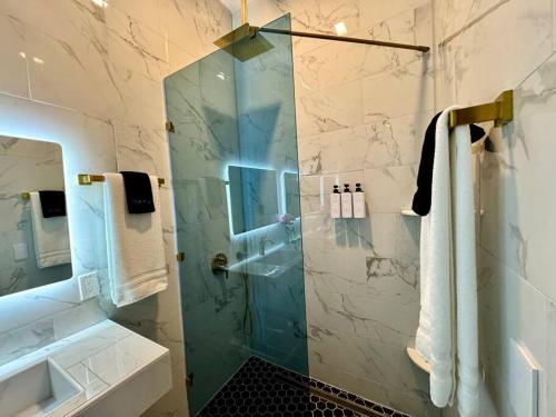 a bathroom with a shower with a glass door at Downtown Dreaming Alex City Near Lake Martin in Alexander City