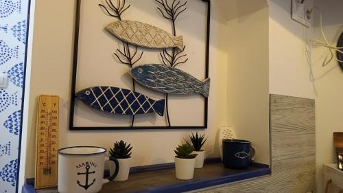 a shelf with potted plants on a wall at T.H.NY Village Inn Cottage in Tihany