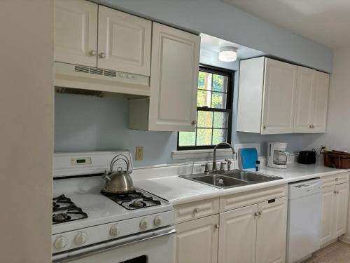 a kitchen with white cabinets and a stove and a sink at Welcome to Camp Sycamore in Pittsburgh