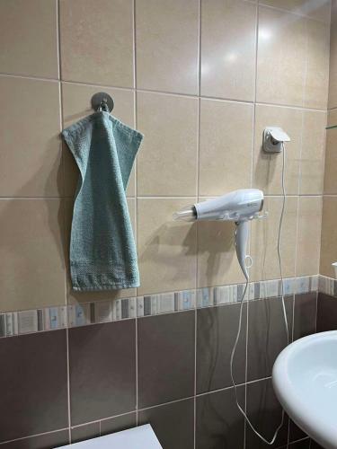 un bagno con un asciugamano verde appeso a una parete di Rosana's Apartment a Ohrid