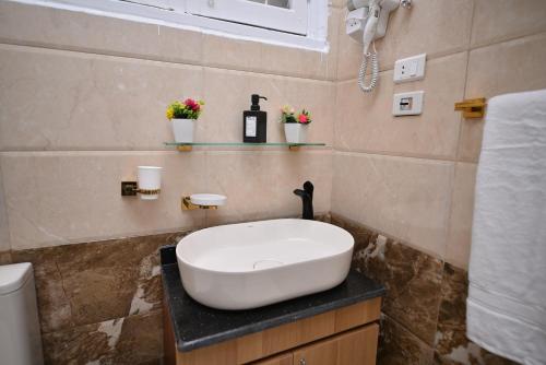 a bathroom with a white sink on a counter at family suites cairo downtown in Cairo