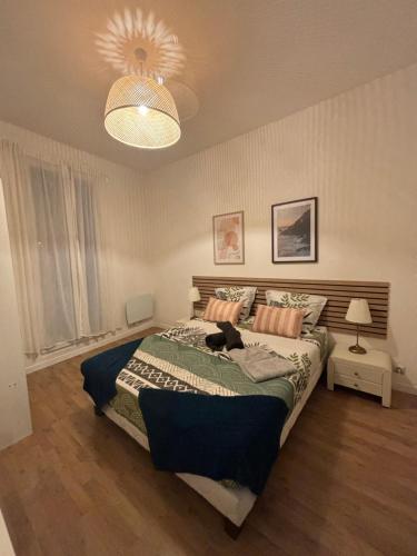 a bedroom with a bed with a cat laying on it at Astou Cisse in Marseille