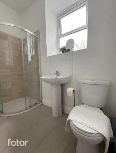 a bathroom with a toilet and a sink and a shower at Leitrim Property Cork in Cork