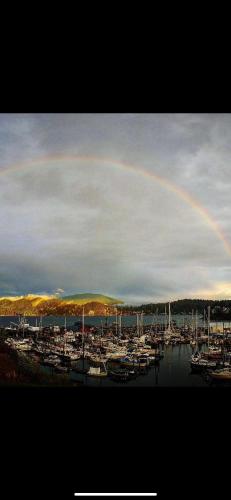 a rainbow in the sky over a marina with boats at PRIVATE HOUSE and private HOT TUB Seas The Day Pets BBQ Beaches Artists Studio Lower Gibsons The Bay in Gibsons