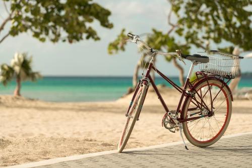 a bike with a basket parked on the beach at Kimpton - Grand Roatan Resort and Spa in West Bay