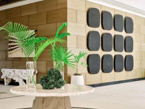 a table with a plant on it in front of a wall at Kimpton - Grand Roatan Resort and Spa in West Bay