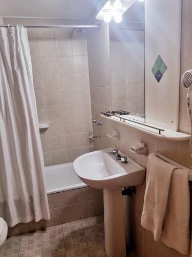 a bathroom with a sink and a shower and a tub at Urbana Class Hotel in Mendoza
