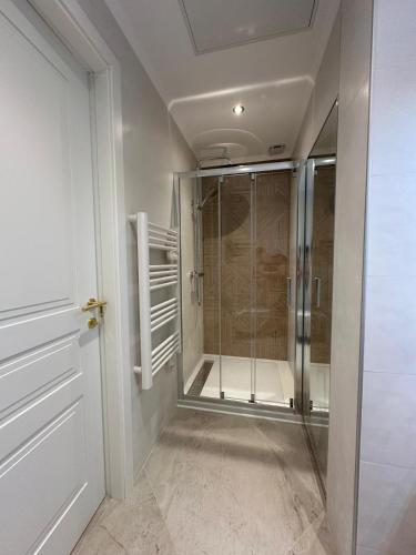 La salle de bains est pourvue d'une douche à l'italienne et d'une porte en verre. dans l'établissement Extraordinaire grand studio au centre 6 minutes à pied de la plage et l'hôtel Negresco, à Nice